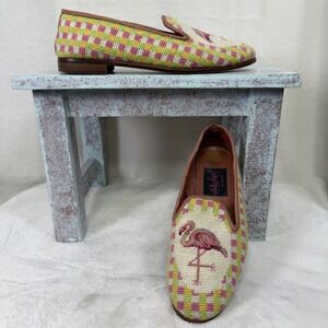 ByPaige Needlepoint Flamingo Loafers Women 8.5 Pink Green Gingham Wool Flats